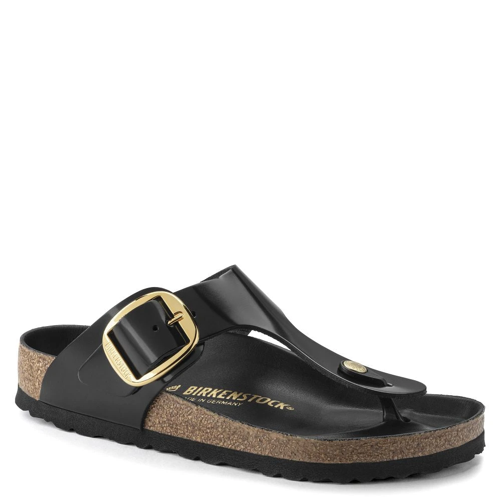 Birkenstock Women's Big Buckle Gizeh Natural Leather Patent In Black 1 Birkenstock Women's Big Buckle Gizeh Natural Leather Patent In Black